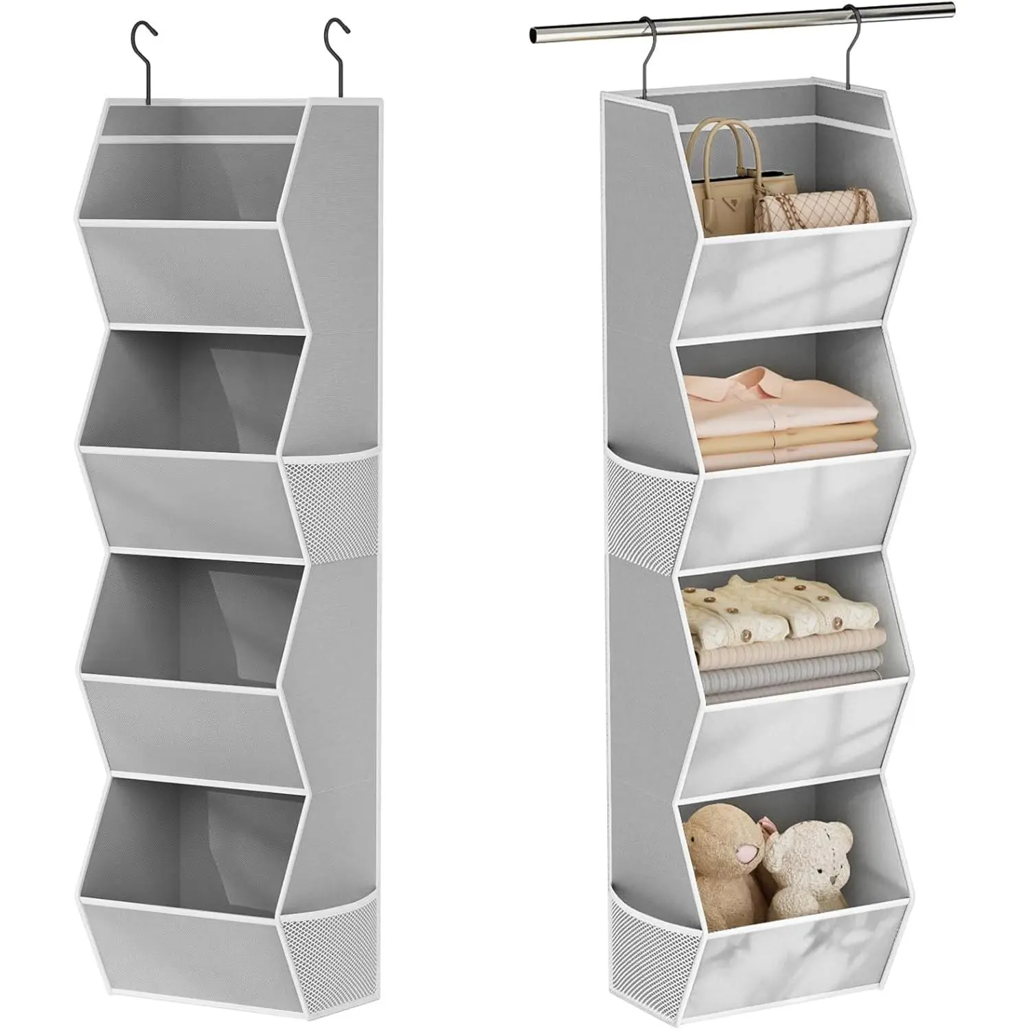 Hanging Closet Organizer 4 Shelf Collapsible Bedroom Closet Organizers and Storage Hanging with Mesh Pockets for Clothes, Fabric Hanging Storage Bins for Wardrobe Closet Organization and Storage, Grey