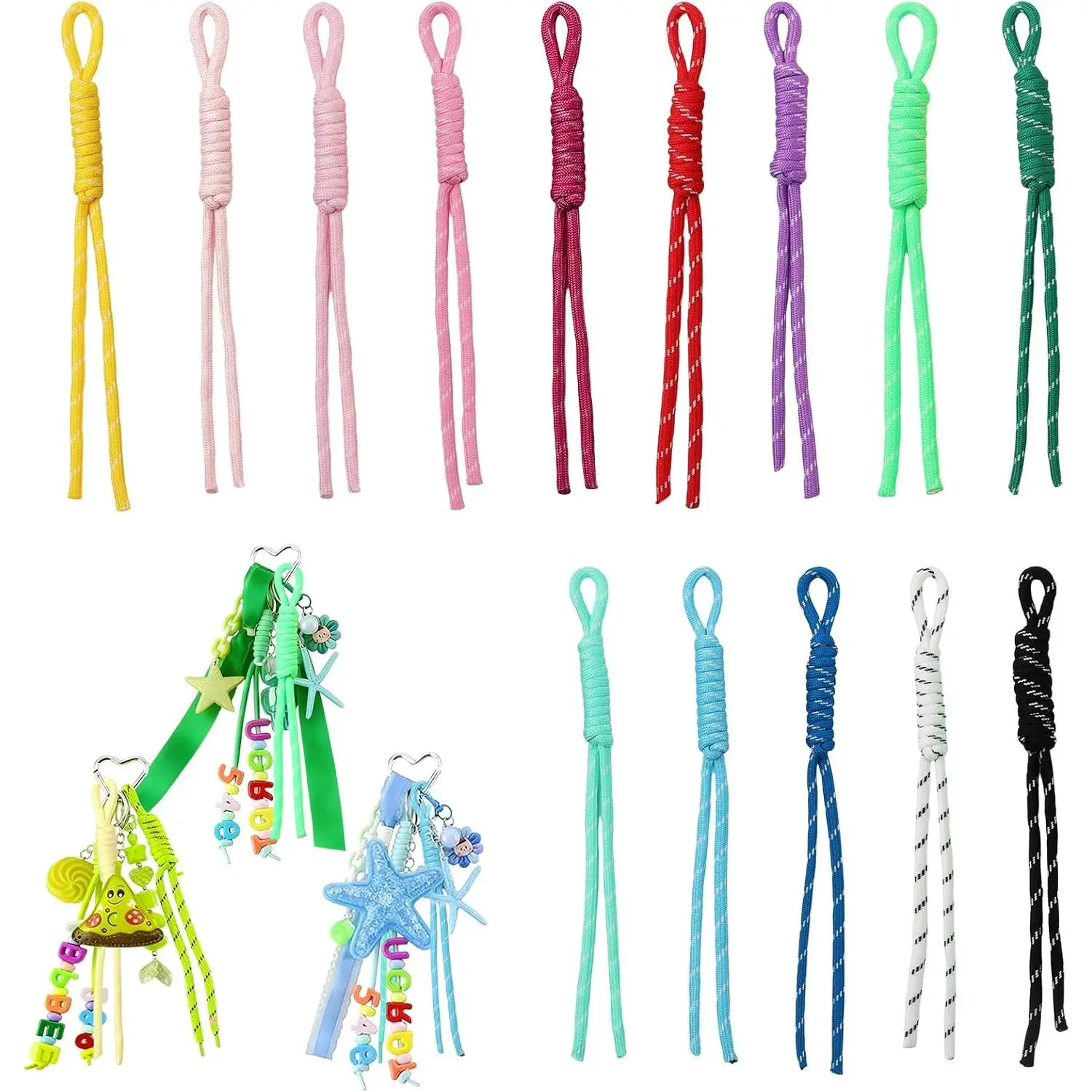 14 count Colorful Paracord  Bag Charms - Braided Rope Knot Key Chain,  Cord Accessories for Purse Handbag Backpack Decoration