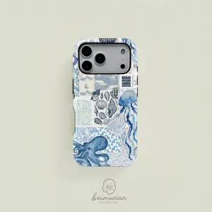 This blue retro-style ocean-themed patchwork case is a durable 2-in-1 protective case, compatible with MagSafe, and works with iPhone 17/16/15/14/13/12/11 Pro Max/Plus/Pro. A simple and stylish phone case, it makes a perfect birthday gift.