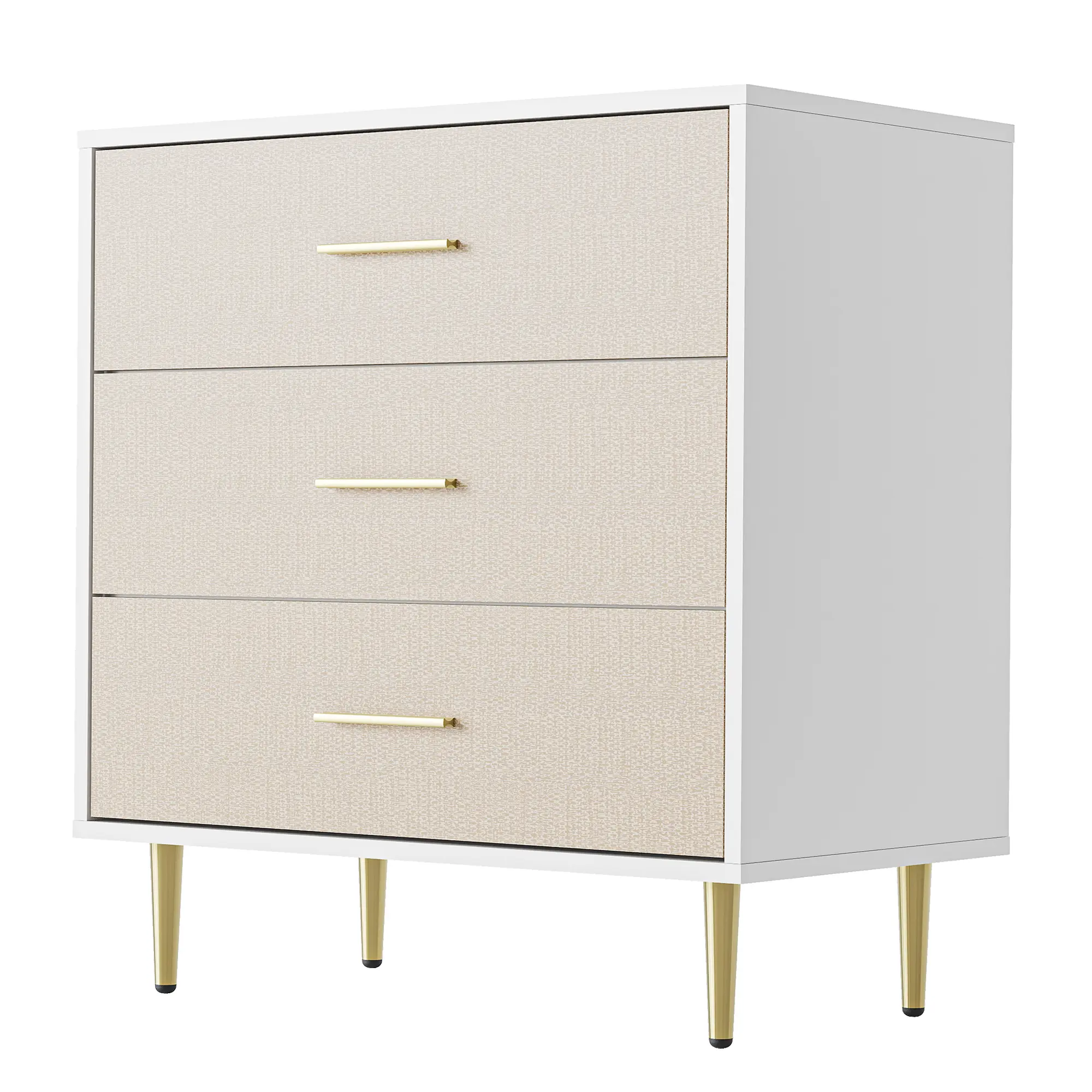 3-Drawer Dresser with Gold Accents & Linen Texture, Narrow White Chest, Storage Cabinet with 3 Drawers, Nightstand for Bedroom, End Table for Living Room
