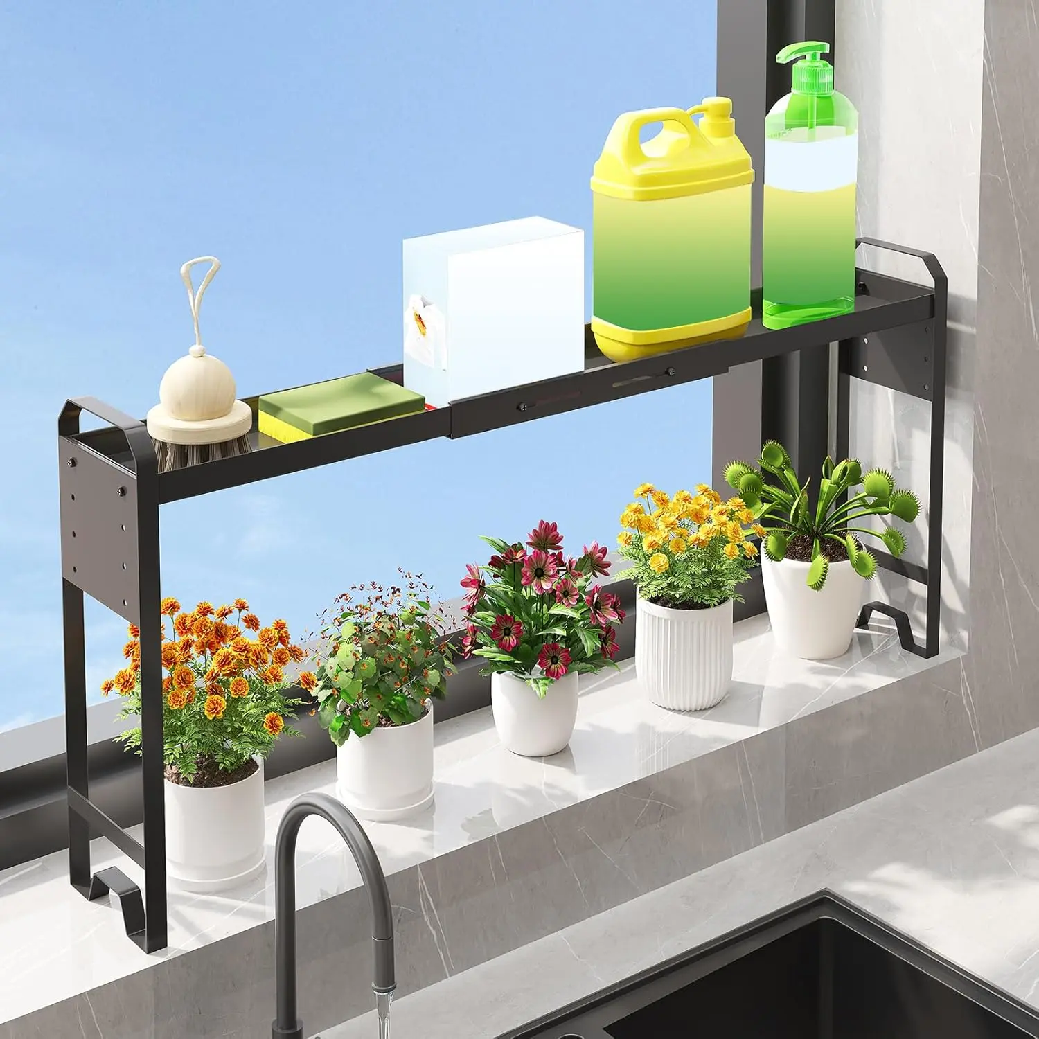 Over The Sink Shelf & Window  Shelf, Expandable Kitchen Organization | Adjustable in Height & Length, Multi-Purpose Storage Rack, For Stove, Bathroom, Study
