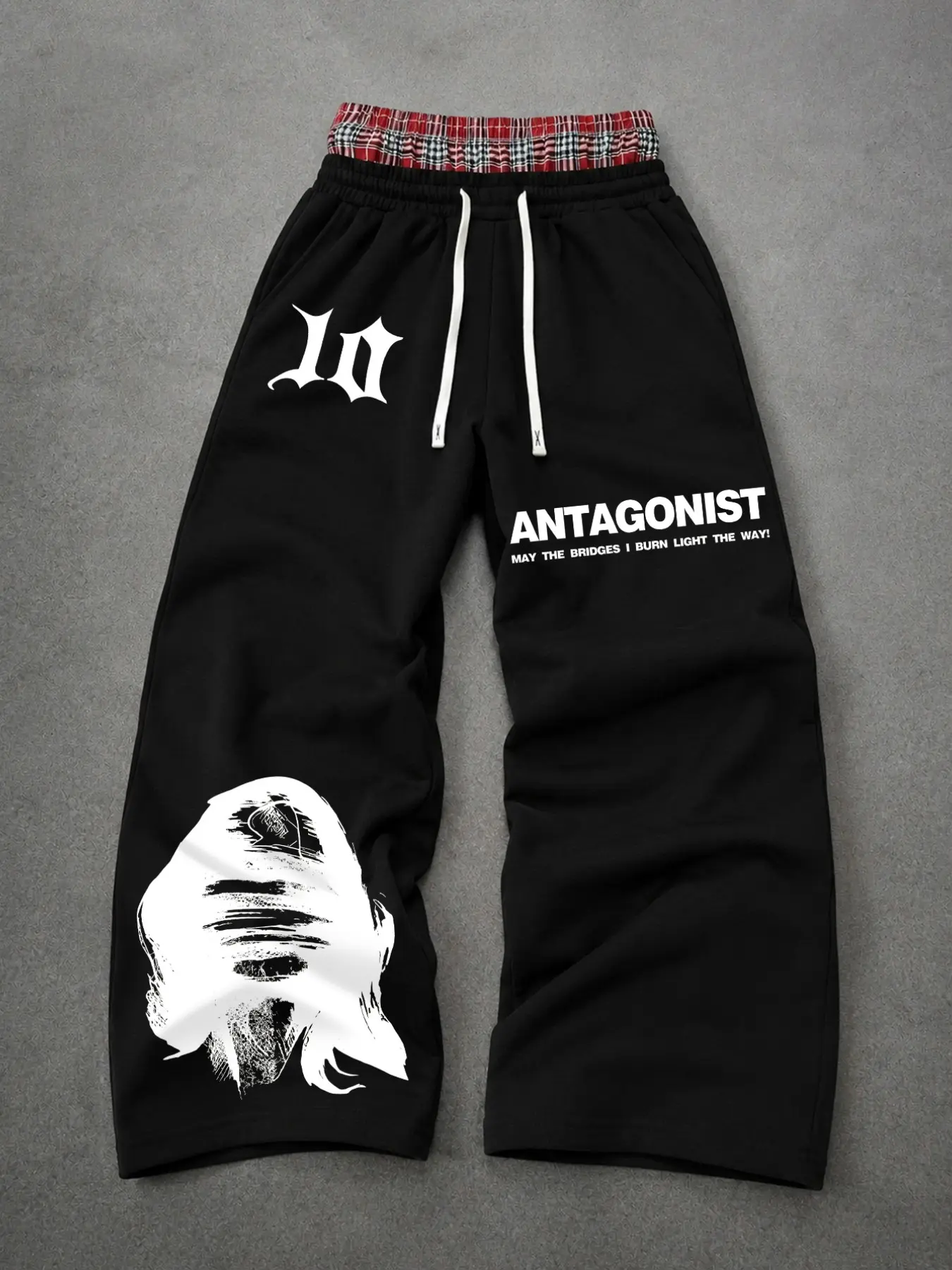 Men Black Sweatpants Y2K Grunge Gothic Style Double Waistband Plaid Patchwork Graphic Printed Wide Leg Joggers for Streetwear Skate