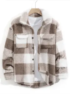 Men Women Plaid Faux Sheepskin Shirt, Fall Winter Loose Turn-Down Collar Coat, Warm Fluffy Texture, Retro Check Design, Casual Street Style