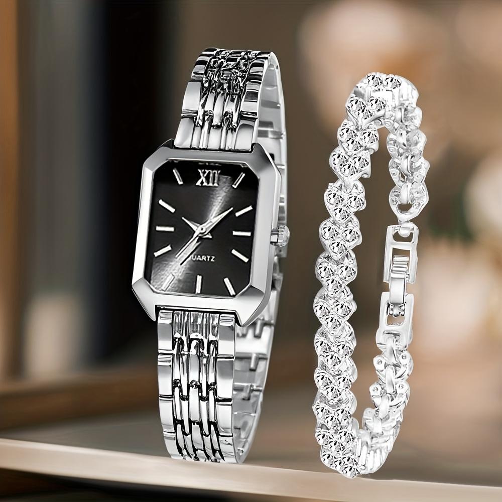2-piece set of elegant vintage women's watches - luxurious heart-shaped chain quartz watch with rectangular dial and stainless steel strap, classic analog watch, suitable for casual wear