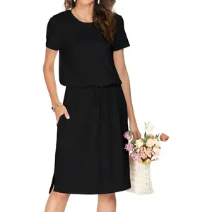 Summer Midi Knee Casual Dress Pocket Hide Belly Short Sleeve Spring Work Travel Teacher Outfit