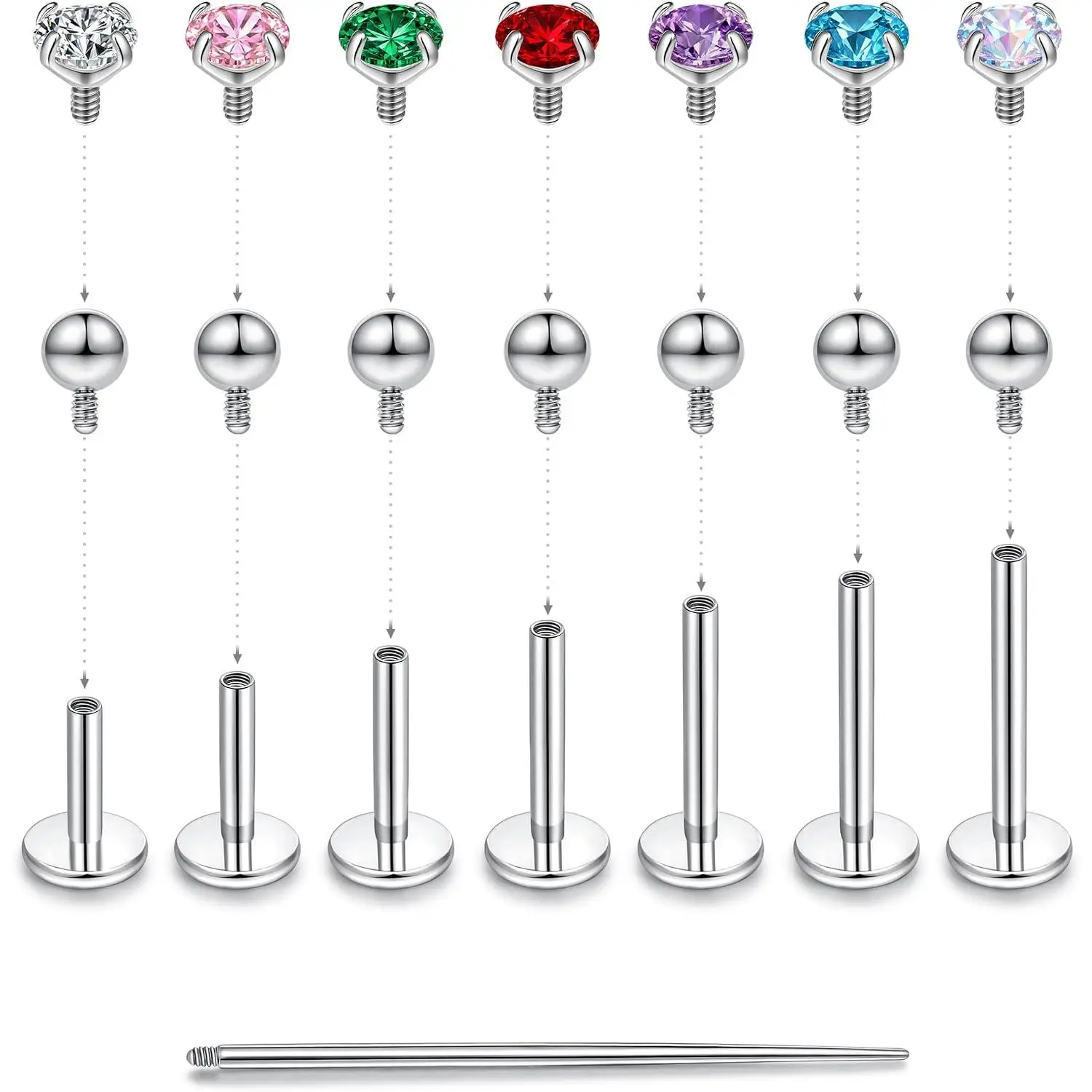 Titanium Flat  Earrings, 7  Length Options, 18G Cartilage Earrings for  Ears Women Men, Internally Threaded Stud Earrings with CZ & Ball Tops, Helix Tragus Conch