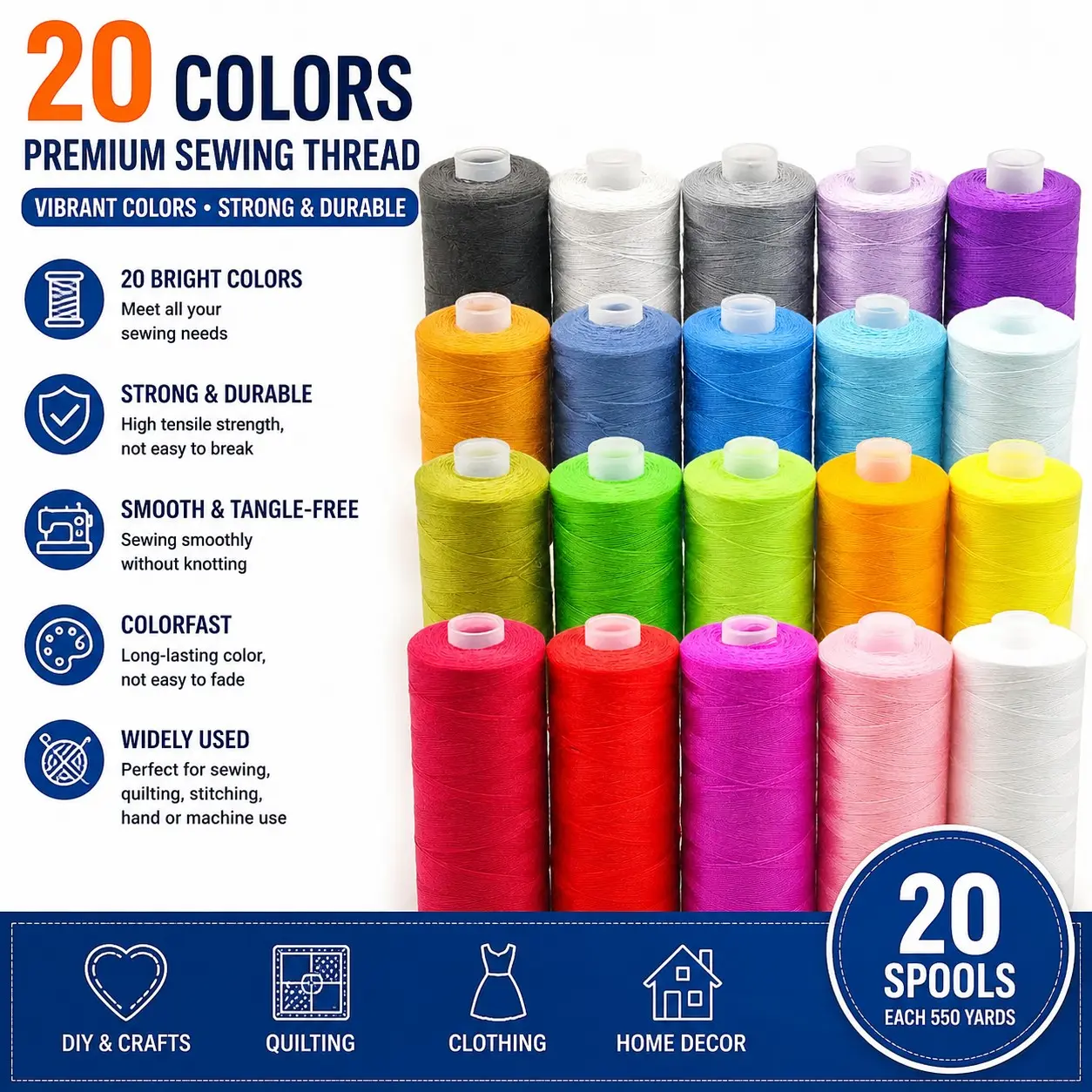 20 Colors Sewing Thread Set, 500m High-Strength Polyester Threads, Durable DIY Craft Supplies, Home Sewing Machine Accessories, Thread For Sewing