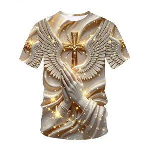 Men's Graphic T-Shirt, Plus Size Casual Streetwear with 3D Angel Wings & Cross Print, Short Sleeve Round Neck Top