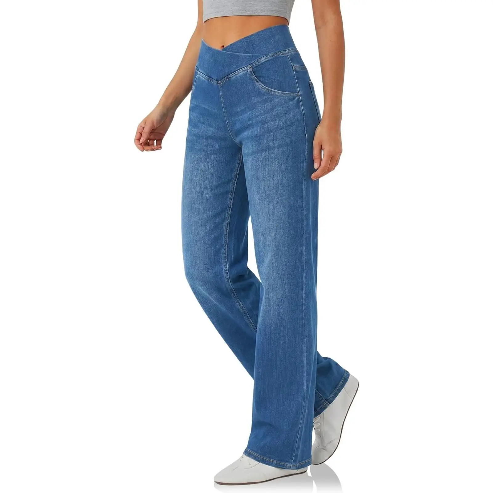 Cicy Bell Womens Pull On Wide Leg Jeans Stretchy Crossover Denim Pants | High Waisted, Baggy Jeans, Knit Fabric, Loos Fit, Casual Denim Pants, Four Pockets