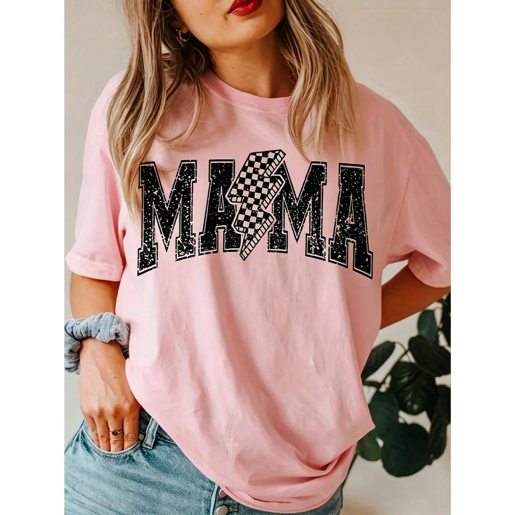 Vintage 'MAMA' Print Cotton Fabric Short-Sleeve Crew Neck Loose Casual Top for American Moms - Maternity Wear Piece, White Letter Design, Sports & Outdoor Casual Outfit