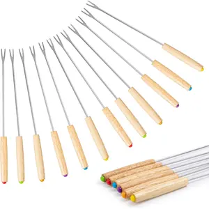 12PCS 9.5 Inch Color-Coded Wood Fondue Forks, Stainless Steel Fruit Fondue With Heat-Blocking Handle for Chocolate Fountain and Cheese