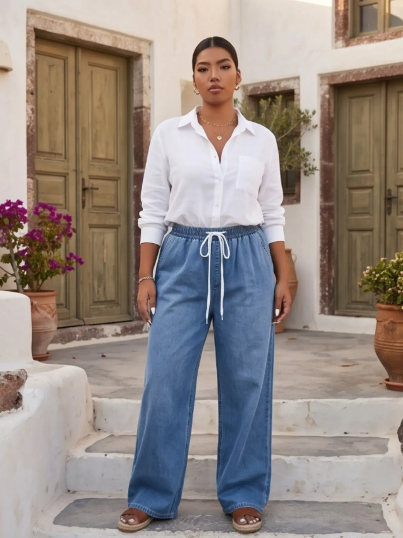 Plus Size Women's Elastic Drawstring Waist Jeans, Light Wash Soft Loose Fit Casual Jeans with Pockets, Comfortable and Stylish