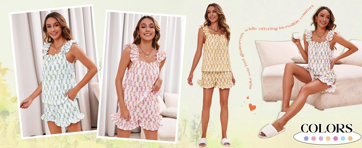 FMEYOA Womens Floral Print Pajama Sets Ruffle Trim Cami and Casual Shorts 2 Piece Lounge Set PJ FMEYOA Womens Floral Print Pajama Sets Ruffle Trim Cami and Casual Shorts 2 Piece Lounge Set PJ