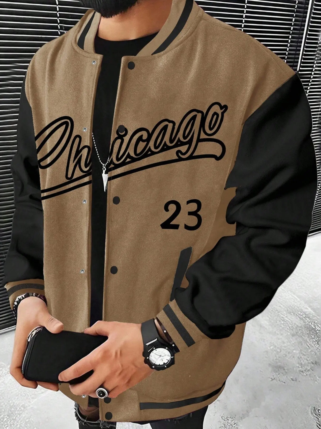 Men's Casual Colorblock Baseball Jacket, Chic Chicago Letter Print, Vintage Street Style, Long Sleeve, Perfect Gift for Friends and Partners