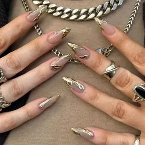24pcs Nude Almond False Nails, Liquid Silver Texture, Y2K Style, Removable, Street Fashion, Medium Length, Single Item
