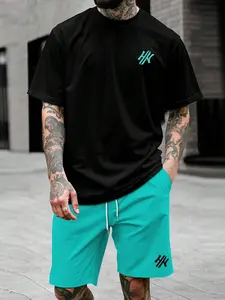 Men's solid color splicing outfit set, simple and niche symbol printed short sleeved shorts, suitable for multiple scenarios, two-piece set