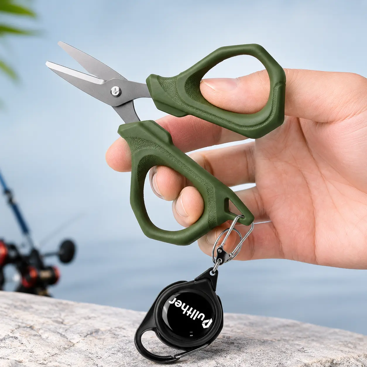 Compact 4.6 in Stainless Steel Fishing Line Scissors - Small Size, Retractable Tool Lanyard, Non-Slip Grip Braided Cutter for Saltwater Fishing Gear Accessories