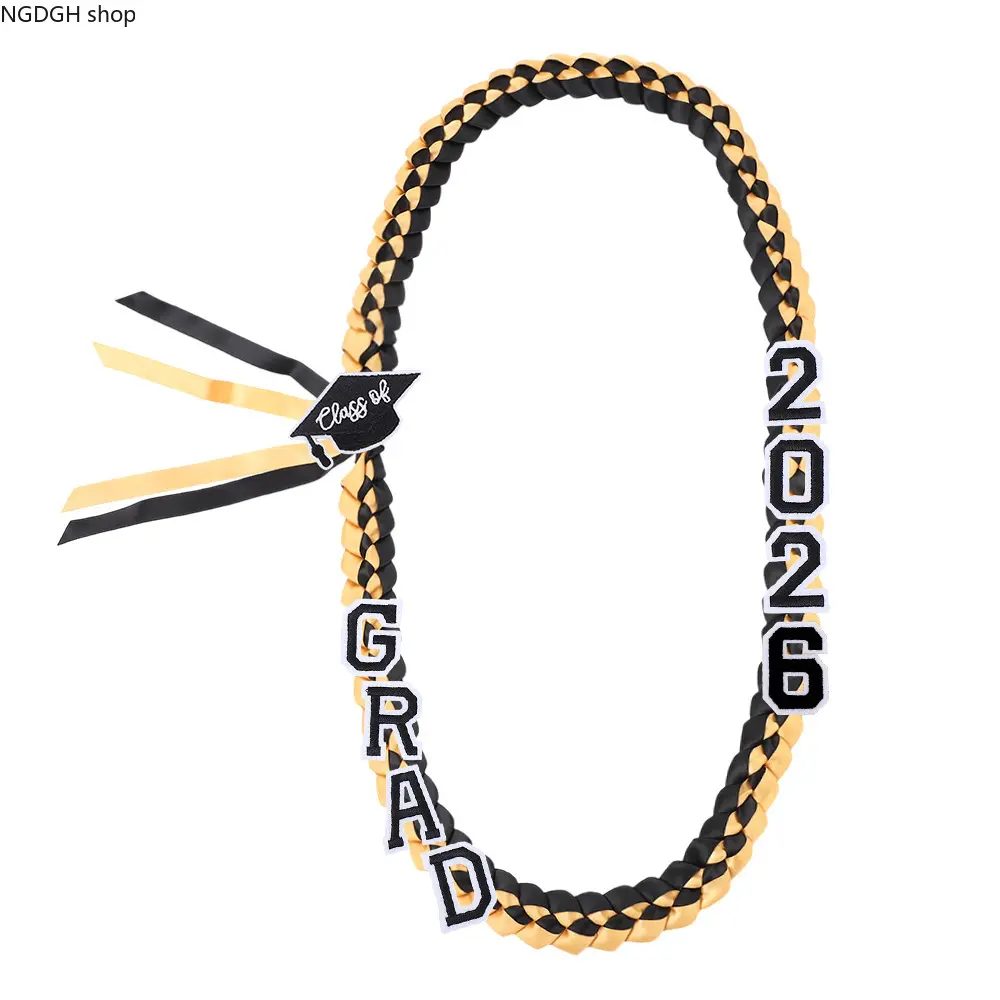 Braided Ribbon Graduation Lei for Class of 2026, Handmade Necklace in Black, Gold, Blue & Yellow with GRAD Letters & Cap Charm, Lightweight Senior Graduation Gifts for Ceremony & Party Photos, Lei For Graduation