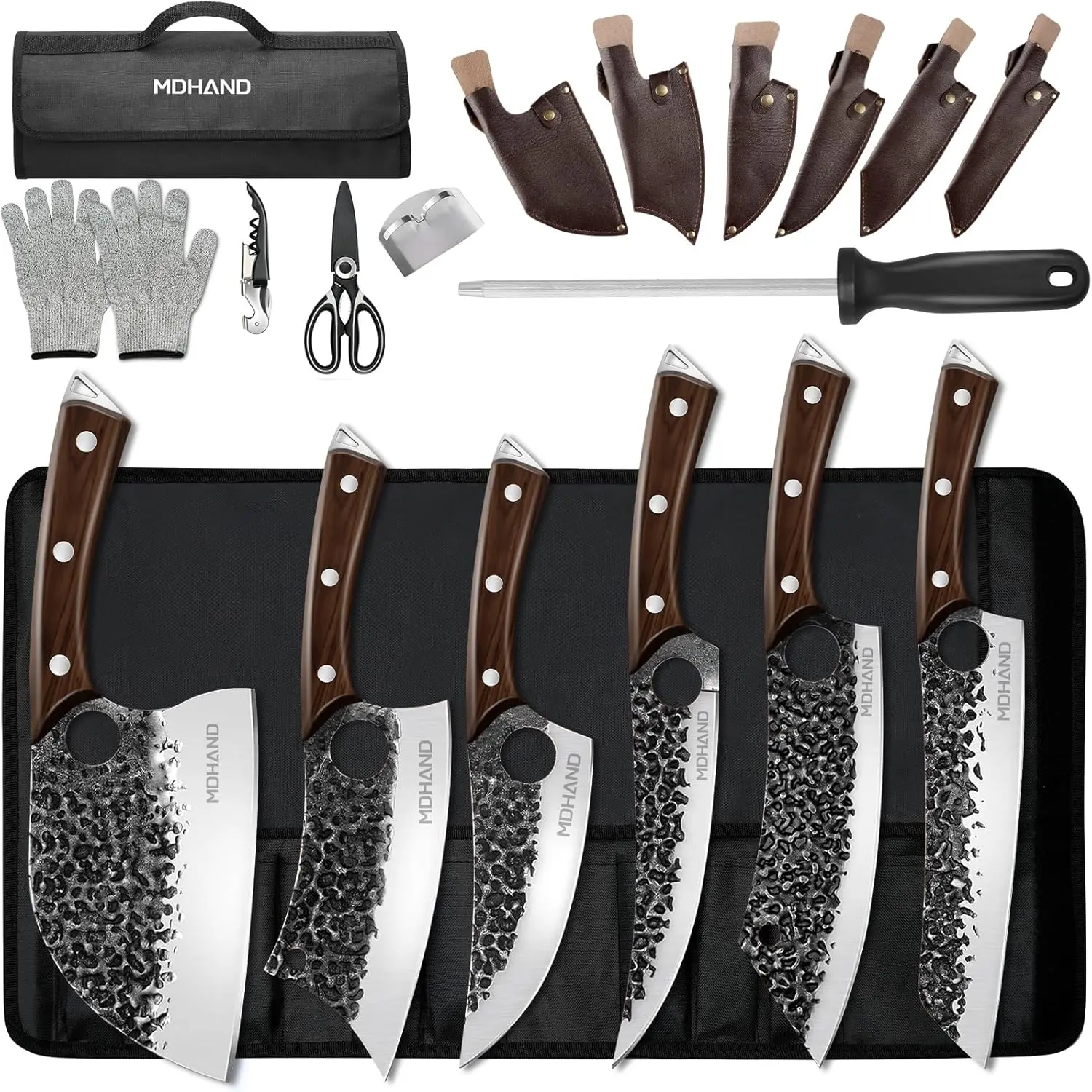 MDHAND Butcher Knife Set,  18Pcs Hand Forged Serbian Chef Knife Set with Bag, High Carbon Steel Full Tang Kitchen Knives Set, Meat Cleaver & Boning Knife for Brisket Trimming BBQ Camping, Gift for Men#DealsForYouDays