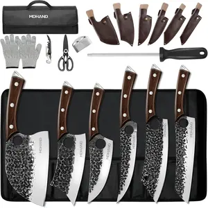 MDHAND Butcher Knife Set,  18Pcs Hand Forged Serbian Chef Knife Set with Bag, High Carbon Steel Full Tang Kitchen Knives Set, Meat Cleaver & Boning Knife for Brisket Trimming BBQ Camping, Gift for Men#DealsForYouDays