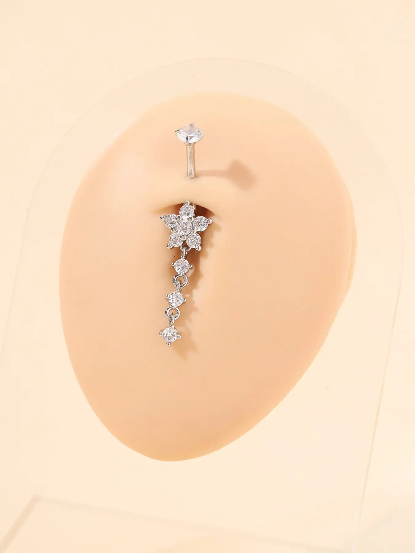 Silver Color Floral Zircon Navel Ring, Long Chain Dangle Belly Piercing, Shiny Zircon Women's Body Jewelry, Sexy Style