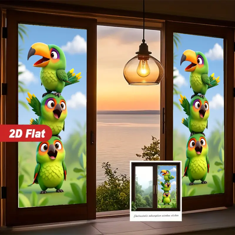 2D flat electrostatic sticker parrot layered window sticker rectangular decoration, suitable for living rooms and bedrooms, detachable.