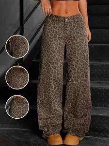 Women's Retro Leopard Print High Waist Wide Leg Baggy Jeans, Loose Fit, Elastic Waist, Perfect for Dates, Concerts, Parties, Clubs, Holidays