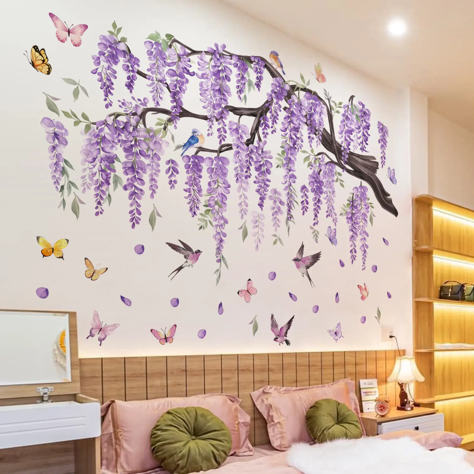 3Pcs Set (3090cm3pcs) Large Size Watercolor Hanging Wisteria Self-Adhesive Wall Decals, Soft Purple Floral Stickers for Living Room TV Background & Bedroom Headboard Home Decor