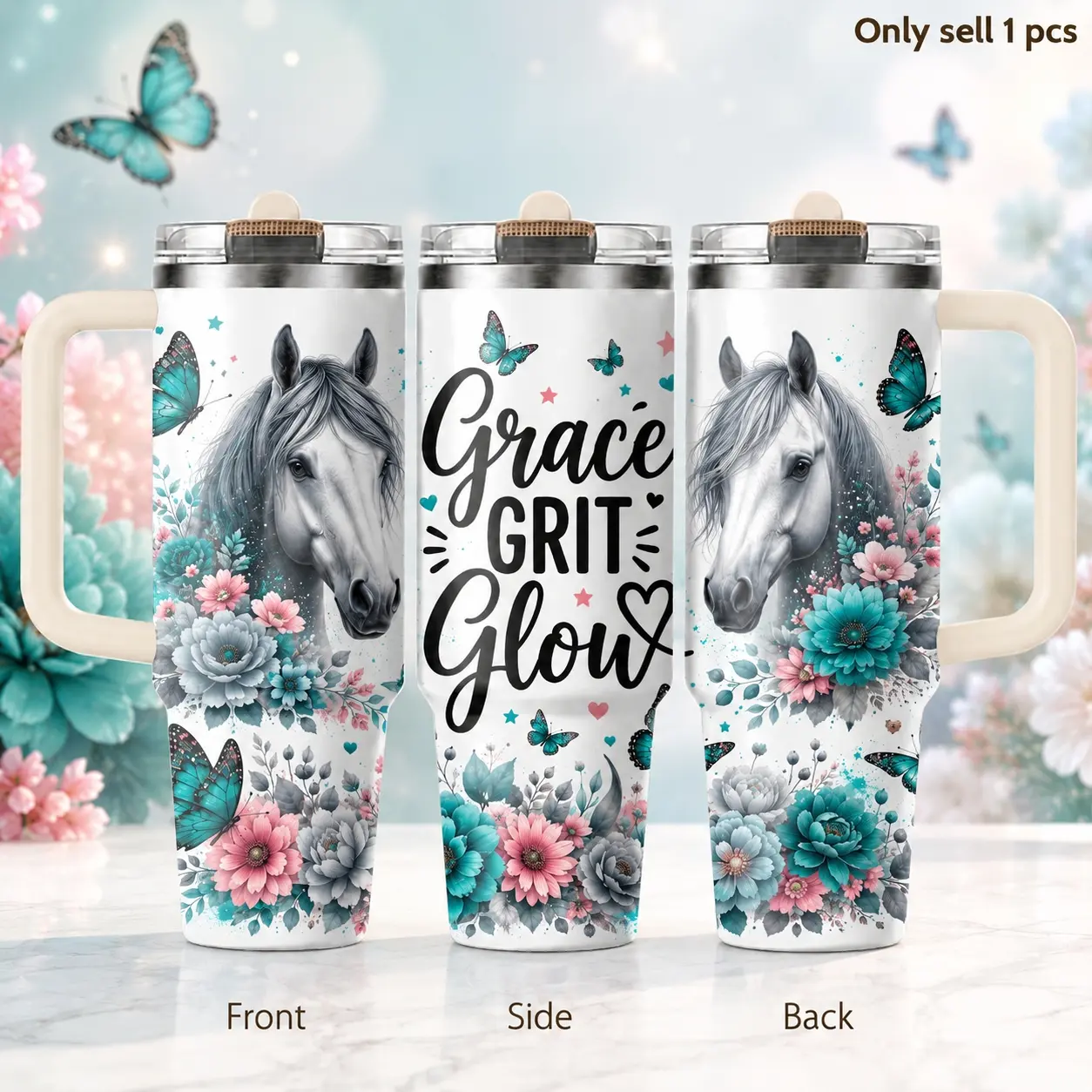 Horse Lover Western 40oz Quencher Tumbler – Equestrian Stainless Steel Insulated Travel Cup with Handle & Straw Lid for Coffee, Water, Farm Life, Gym, Office, Road Trip, Gift for Horse Fans, Insulated Vacuum Tumbler