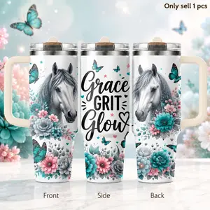 Horse Lover Western 40oz Quencher Tumbler – Equestrian Stainless Steel Insulated Travel Cup with Handle & Straw Lid for Coffee, Water, Farm Life, Gym, Office, Road Trip, Gift for Horse Fans