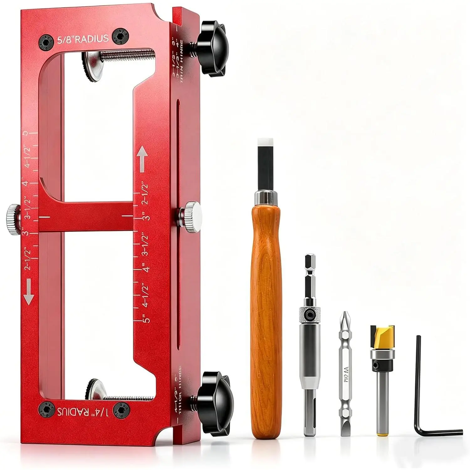 Door Hinge Jig – Aluminum Alloy Cut-Out Tool for Door & Cabinet Hinges, Mortise Jig Fits 2.5" to 5" Hinges, Works with 1/4" and 5/8" Radius and Square Corners