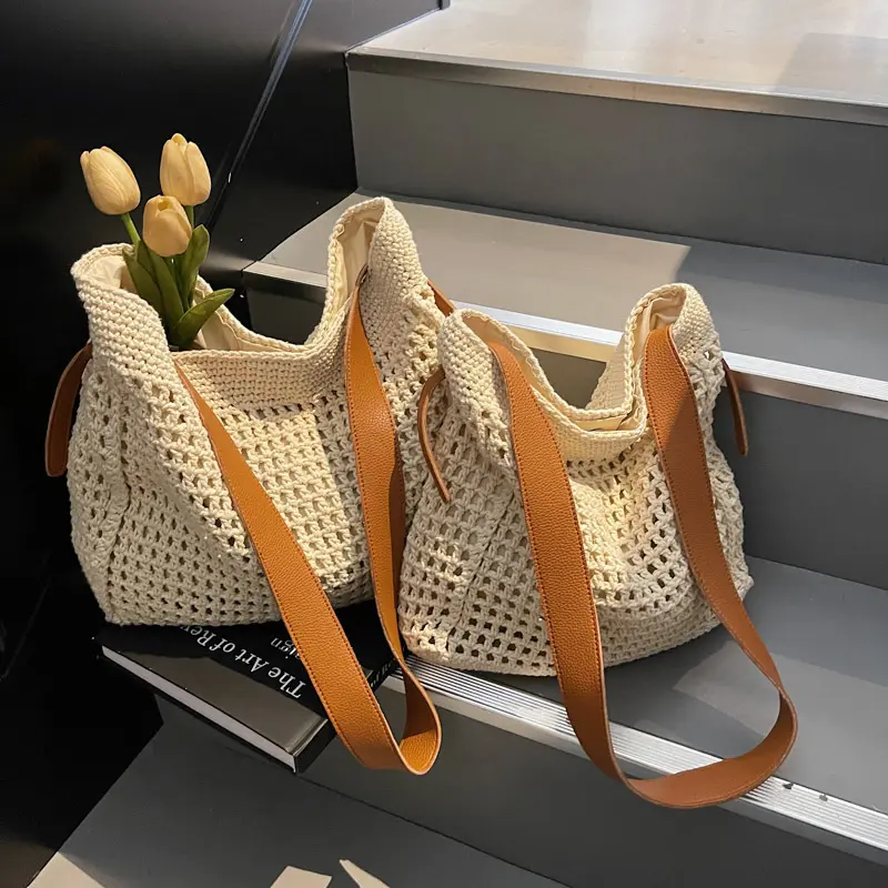 Viral Boho Crochet Tote, Cute Woven Summer Bag for Beach Trips, Farmers Market, Vacation Outfits & TikTok OOTD Large Crochet Mesh Tote Bag for Women, Boho Woven Shoulder Bag with Faux Leather Strap, Summer Beach Vacation Purse