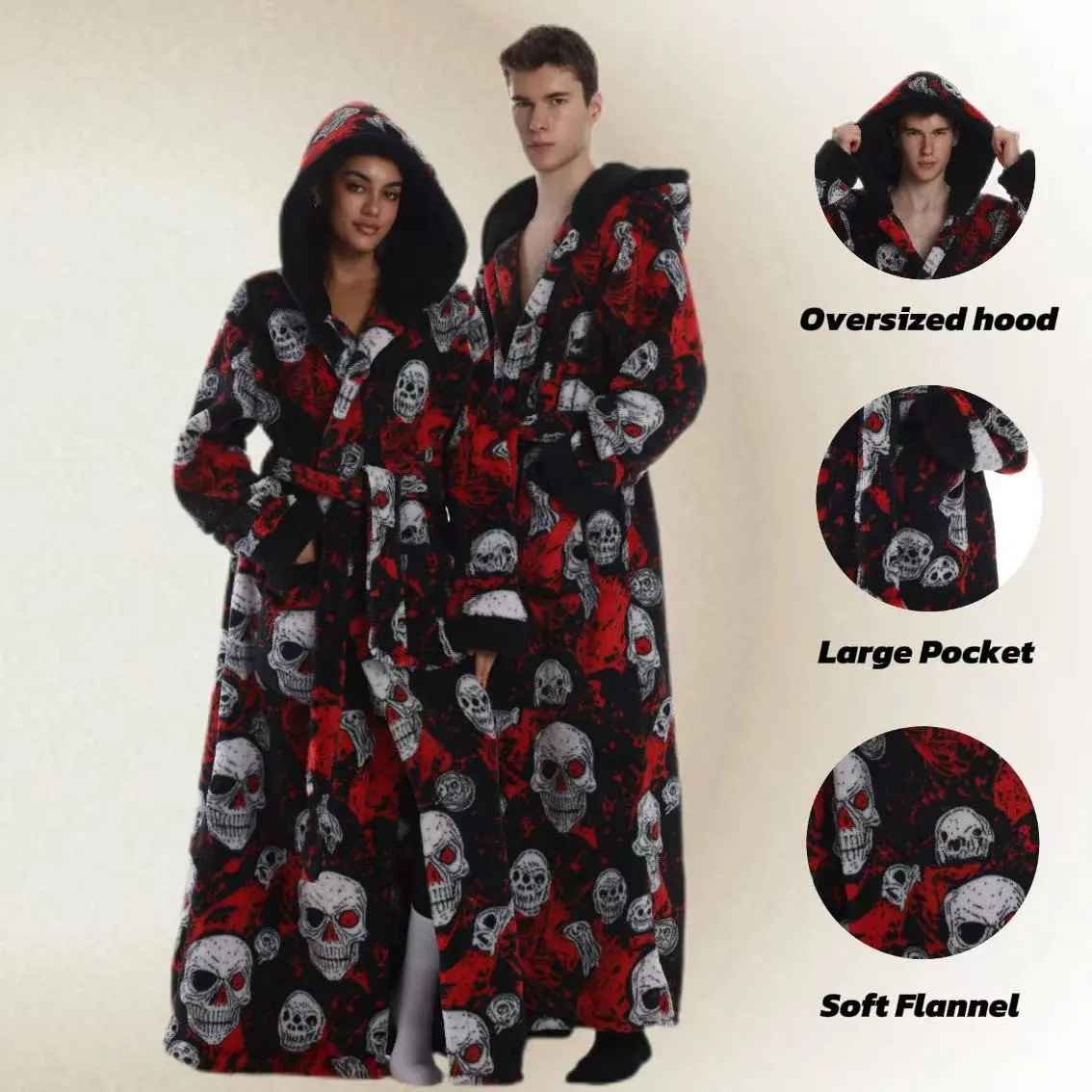Valentine's Day Bestseller, 1pc Skull Elegant Thick Full Print Coral Fleece Robe Pockets, Long Warm Bathrobe, Unisex