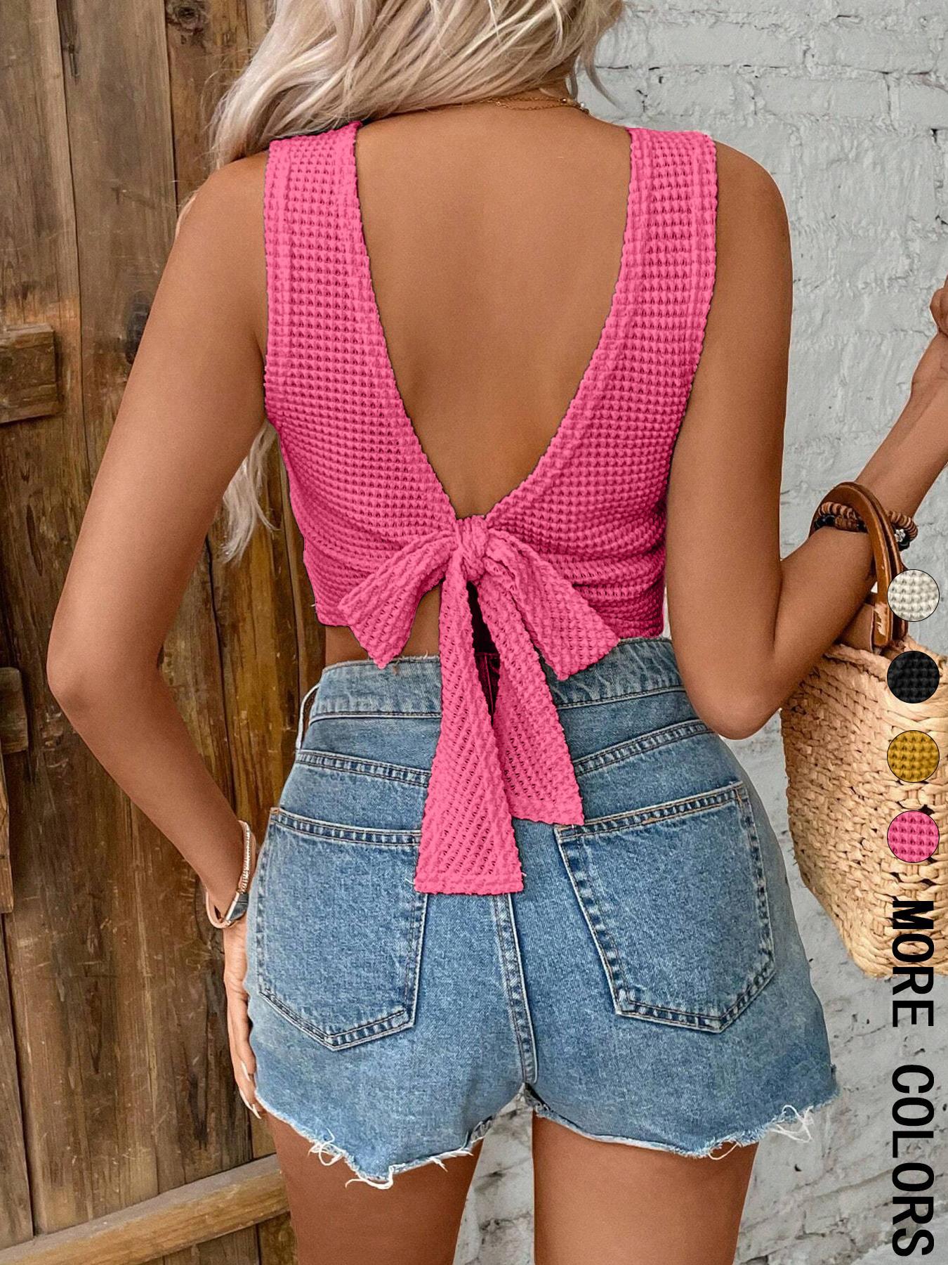 Women's Plain Tie-Back Waffle Knit Fitted Tank Top, Casual Comfy Sleeveless Top for Daily Wear, Ladies' Top for All Seasons Women's Plain Tie-Back Waffle Knit Fitted Tank Top, Casual Comfy Sleeveless Top for Daily Wear, Ladies' Top for All Seasons