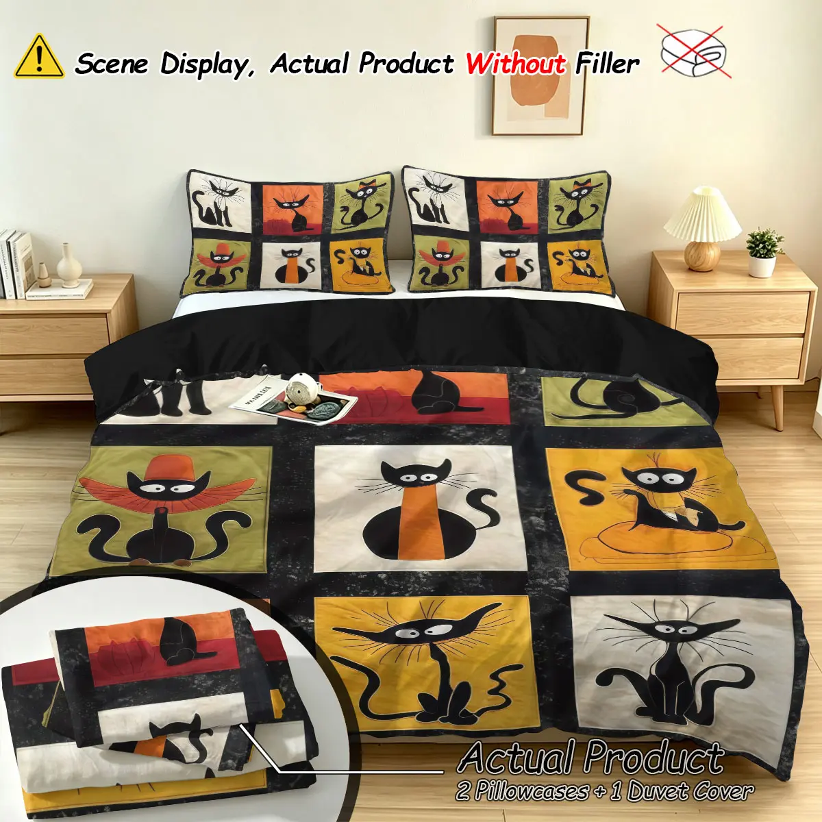 (1 Duvet Cover + 2 pillowcases, no filler),Vintage cat patchwork print,Duvet Cover Set 3-piece bedding set made of soft comfy polyester, machine washable no deformation,bedding supplies for bedroom and dormitory use