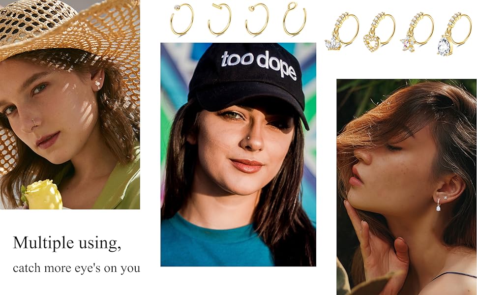 Besteel 20 PCS 20G Dangle Nose Rings for Women Butterfly Heart Moon Flower Cross CZ Dangle Nose Ring Hoops Cartilage Earring Dangling Nose Piercing Jewelry Charms