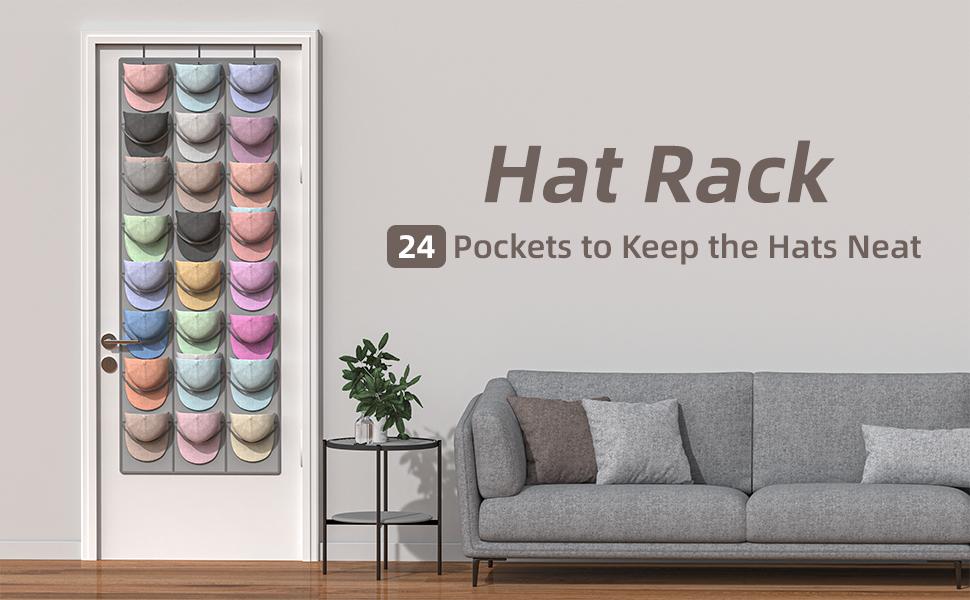 Grey Hat Organizer Racks for Baseball Caps, 24 Deeper Pockets Baseball Hat Rack, Cap Rack, Hat Rack for Door with 3 Hooks