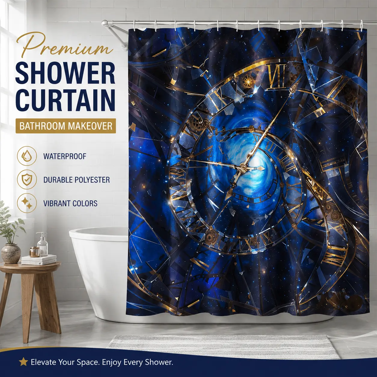 Galaxy Shower Curtain Set 4 Pieces, Cosmic Clock Bathroom Decor Set with Bath Mat, Toilet Lid Cover & U-Shaped Rug, Waterproof Polyester Bathroom Accessories, Modern Home Makeover