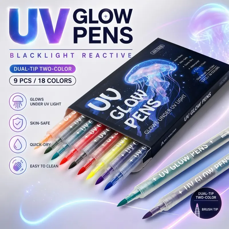 6-Pack/9-Pack UV Glow Body Paint Pens, Dual-Tip Dual-Color Neon Face Markers, Erasable Non-Toxic & Quick-Dry, Perfect for Halloween, Festivals, Rave Parties & Cosplay