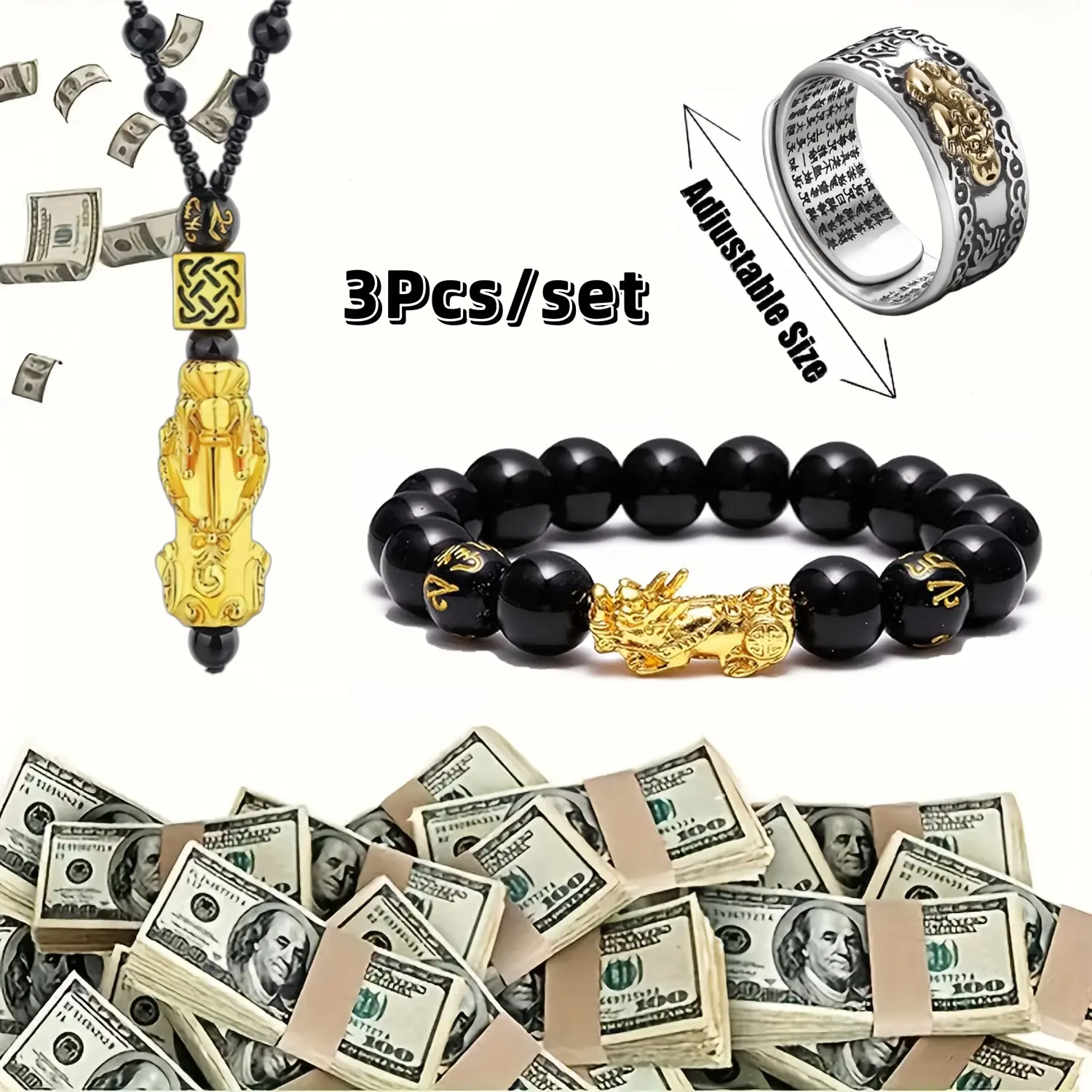 3-Piece Feng Shui Pixiu Jewelry Set, Six Mantra Black Glass Bead Stretch Bracelet, Adjustable Stainless Steel Pixiu Ring & Alloy Pixiu Pendant Necklace, Chinese Wealth Attraction Talisman Amulet, Unisex Lucky Fortune Jewelry Gift for Men Women