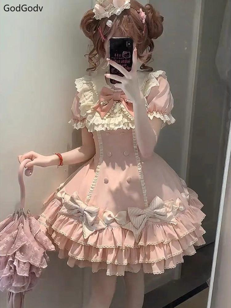 Japanese Sweet Lolita Kawaii Elegant Dress Women Princess  Bow Fake Two Piece Dresses Female Korea Style Design Chic Outfits