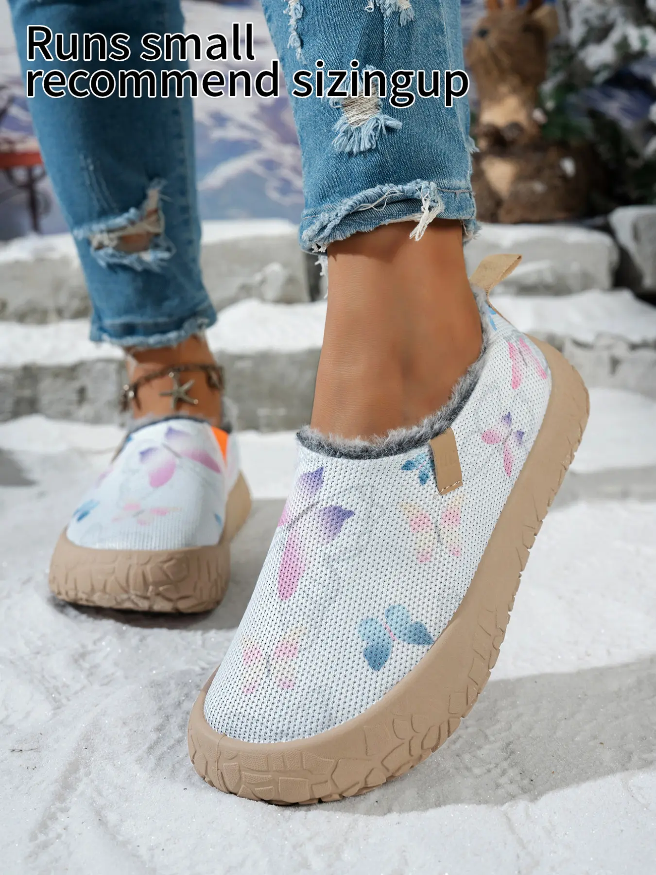 Women’s Slip‑on Winter Printed Ankle Booties, Butterfly Pattern Knit Upper Plush Furry Lining Decorative Leather Tag Pull‑on Tab Rugged Grain Chunky Outsole Closed‑back Winter Casual Shoes, Stylish Ladies Footwear For Cold‑weather Daily Dressing Home Rela
