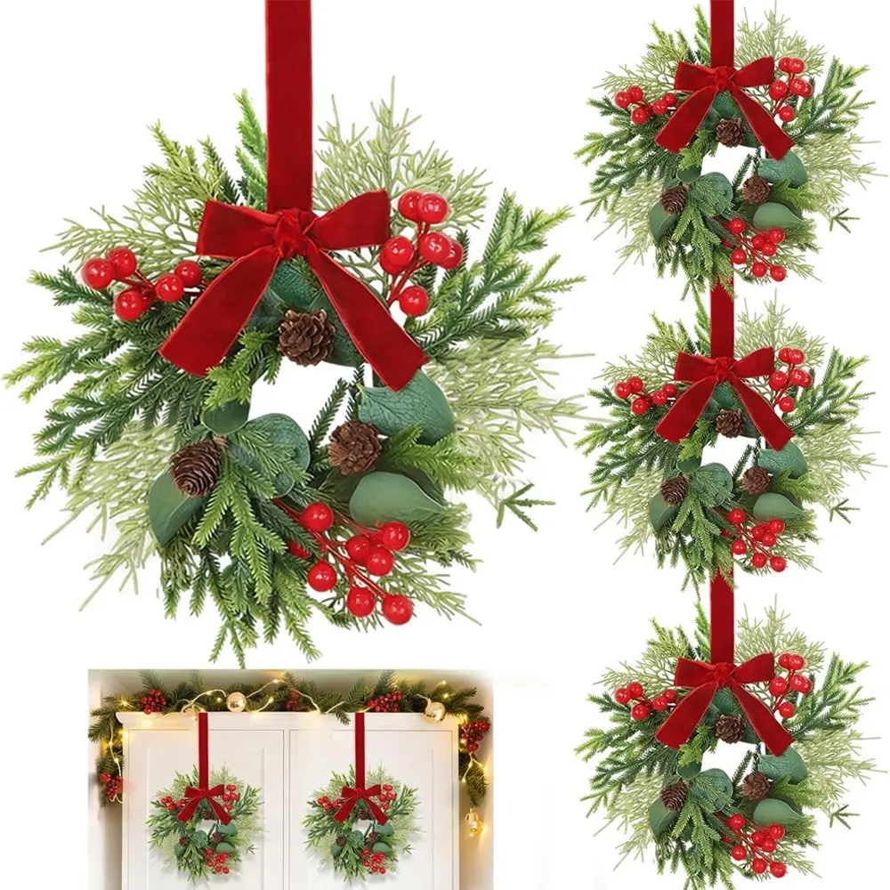 4 Pcs 11" Small Christmas Wreaths for  Kitchen Cabinets, Mini Christmas Wreath with Cedar Cypress Eucalyptus Leaf Pinecones Red Berried Bow Christmas Wreaths for Front Door Wall Chairs Stairs