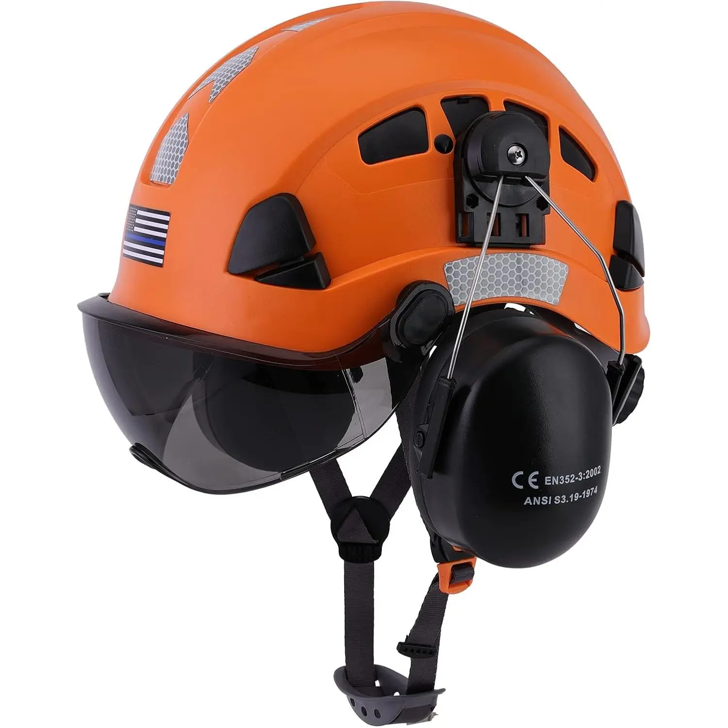 Reflective Vented Safety Helmet with Integrated Visor, Ear Muffs, 6-Point Ratchet Suspension, Chin Strap, Reflective Strips for Outdoor Enthusiasts, Climbing, Tree Care