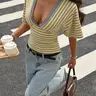 Vintage Striped T-Shirt, Front and Back Dual V-Neck Design, Bat Sleeve Slim Fit, Revealing Back Short Sleeve Top, Retro Style