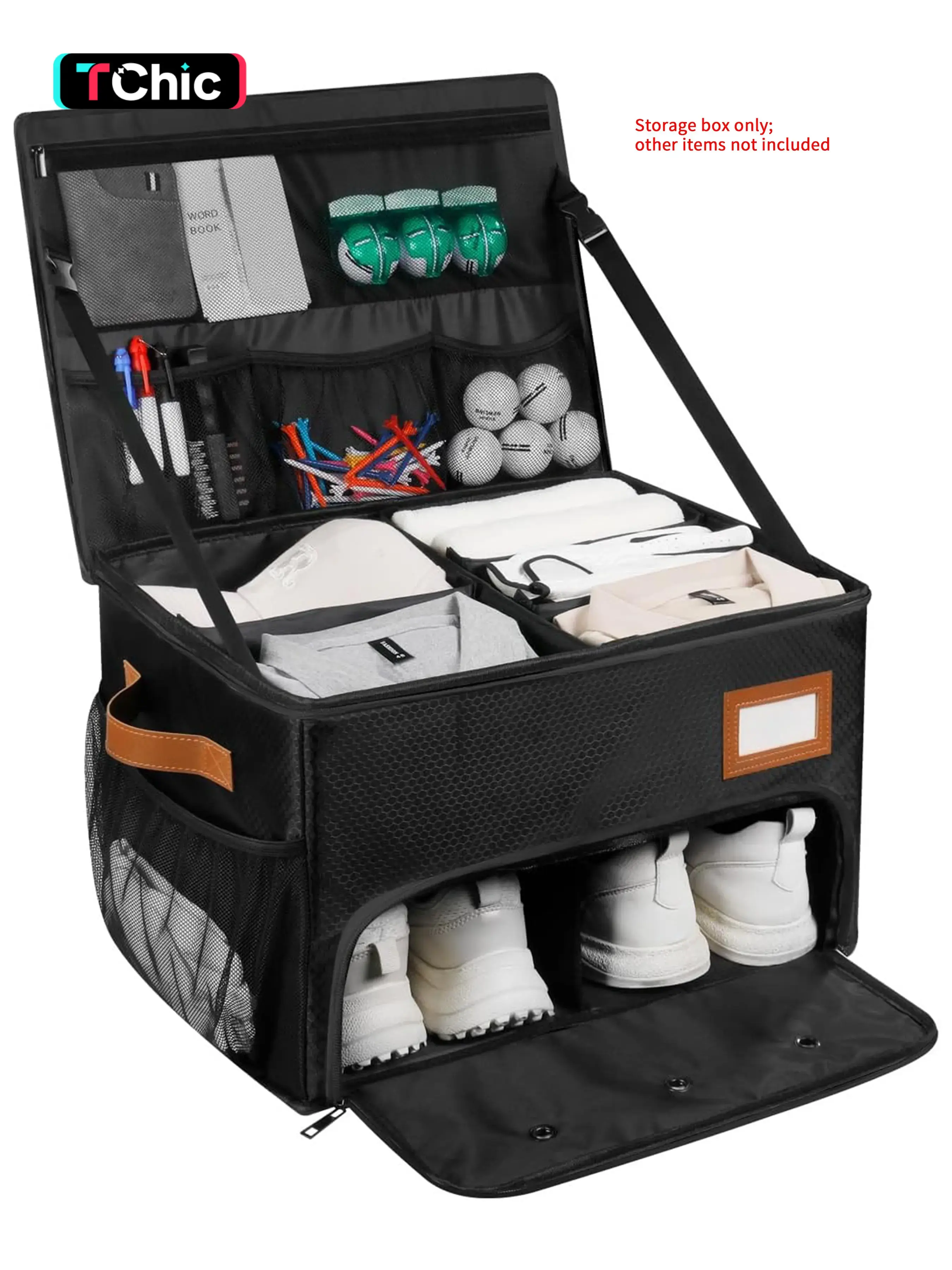 2 Layer Golf Trunk Organizer, Golf Organizer with 2 Pairs Shoes Compartment, Golf Storage Waterproof Car Trunk Locker for Balls, Caps, Clothes, Gloves, Accessories, Gifts for Golfers