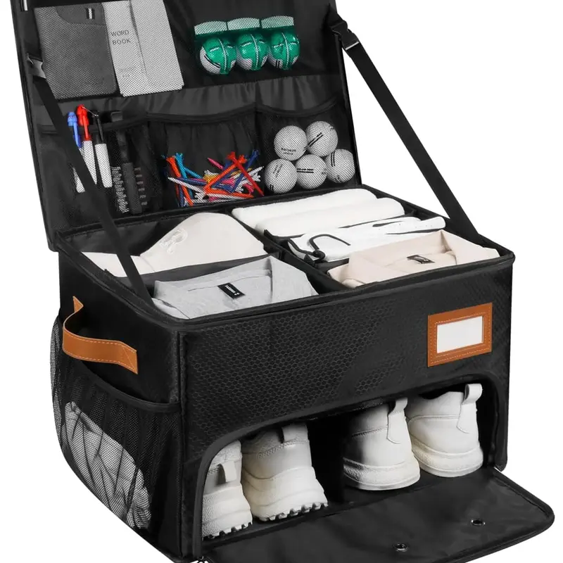 Double-Layer Golf Trunk Organizer with Shoe Compartment, Waterproof Car Trunk Storage Bag for Balls, Clothes, Tees & Gloves, Gifts for Golfers, Golf Accessory