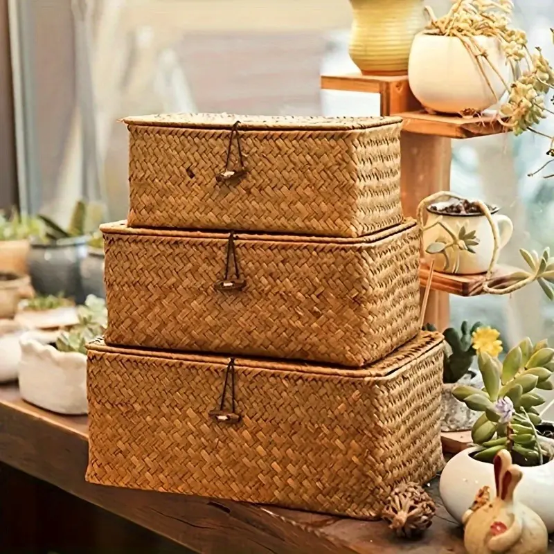 3-piece Bamboo Woven Lidded Storage Baskets, Japanese-style Natural Wood Look, Handwoven with Buckle, Dustproof, for Living Room, Bedroom, Desktop Miscellaneous Items