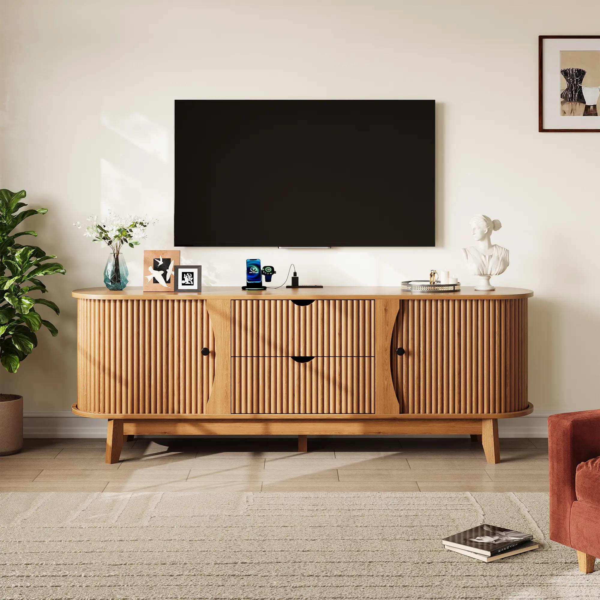 Summervibes Flash sale home items Mid Century Modern TV Stand, 62.9 Inch Wooden Entertainment Center with Drawers, Wave Doors, Adjustable Shelves & Charging Station, 200LBS Capacity Console Cabinet for 32-75 Inch TV, Living Room Bedroom