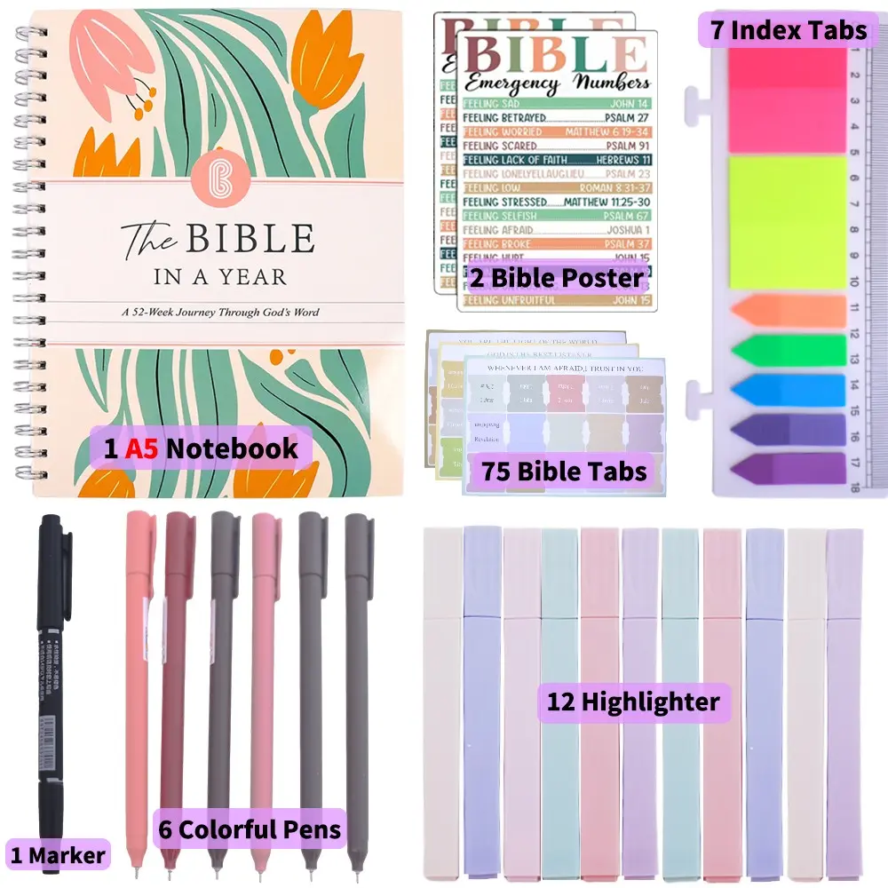 23-Piece Women's Bible Study Set, A5 Spiral Notebook, Permanent Marker, Gel Pens, Highlighters, Labels, Index Tabs, Christian Gift Kit